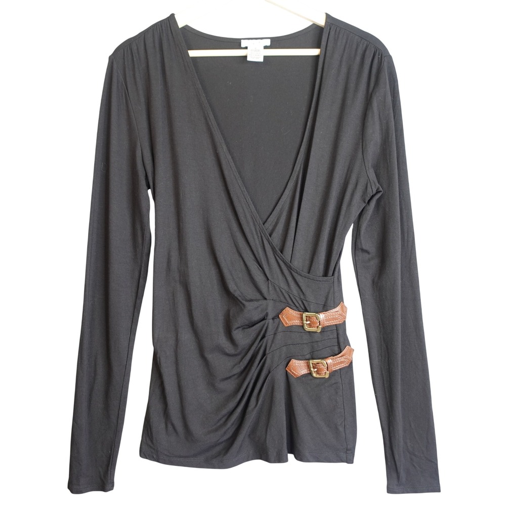 Vintage Y2K Cache Wrap Top M Black Brown Buckle Plunge Minimalist Office Siren